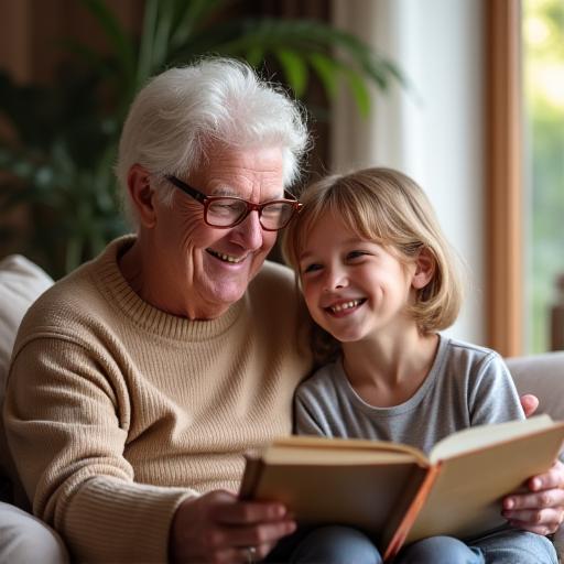 A senior person smiling while sharing a story with a younger family member.