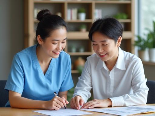 A compassionate caregiver assisting a senior with a daily schedule.