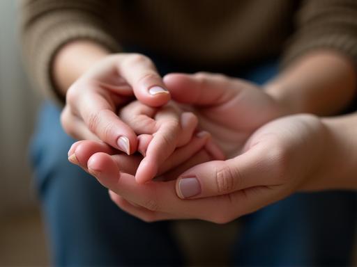 A supportive hand resting on another's in a moment of comfort.