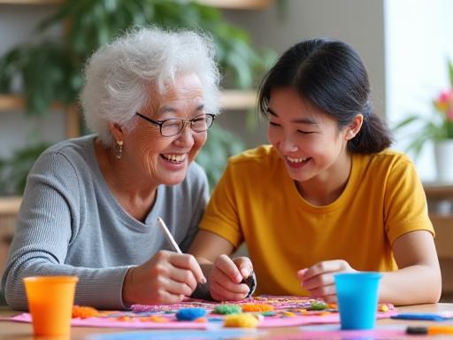 A senior and a teenager laughing together while working on a craft project.